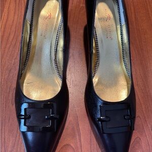 Ros Hommeran Black Leather Heels Buckle and Gold Insole